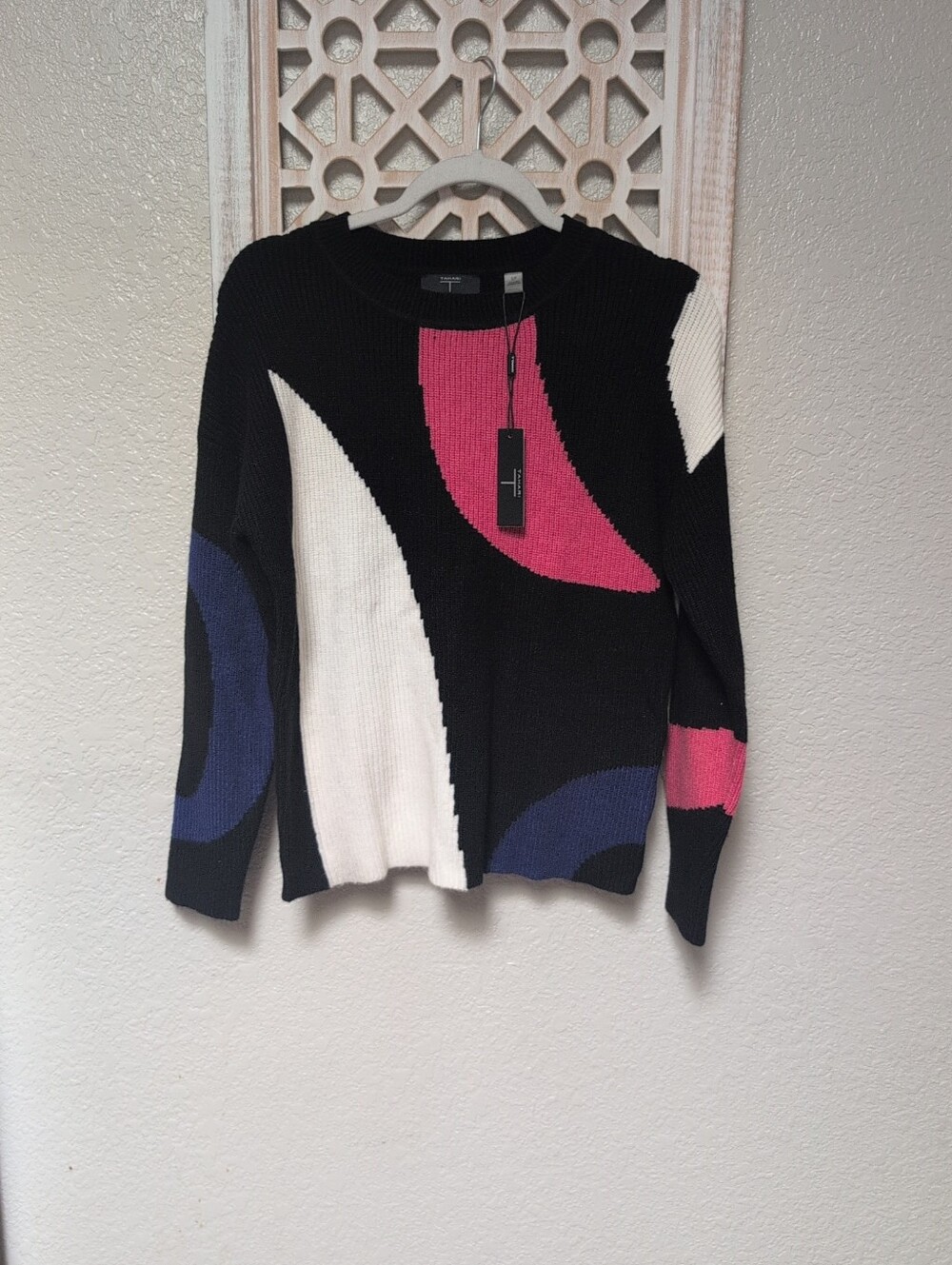 New Tahari Color Block Sweater Size Small Abstract Knit Pullover Modern City